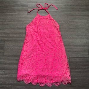 NWT Neon Pink Lace Overlay Halter Top Dress